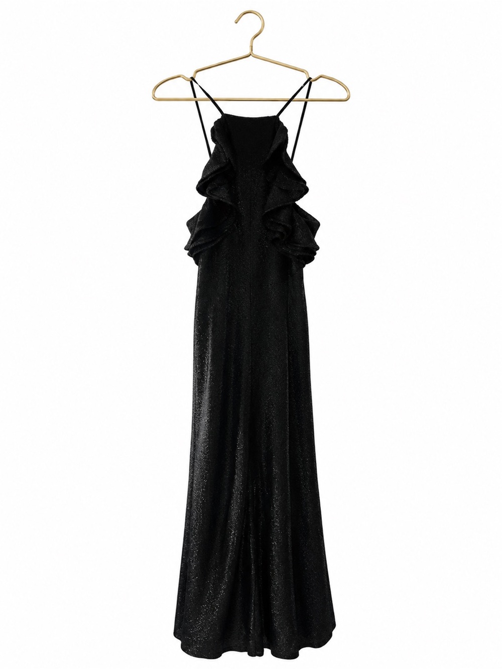 Black Ruffle-Detail Maxi Dress with Thin Straps